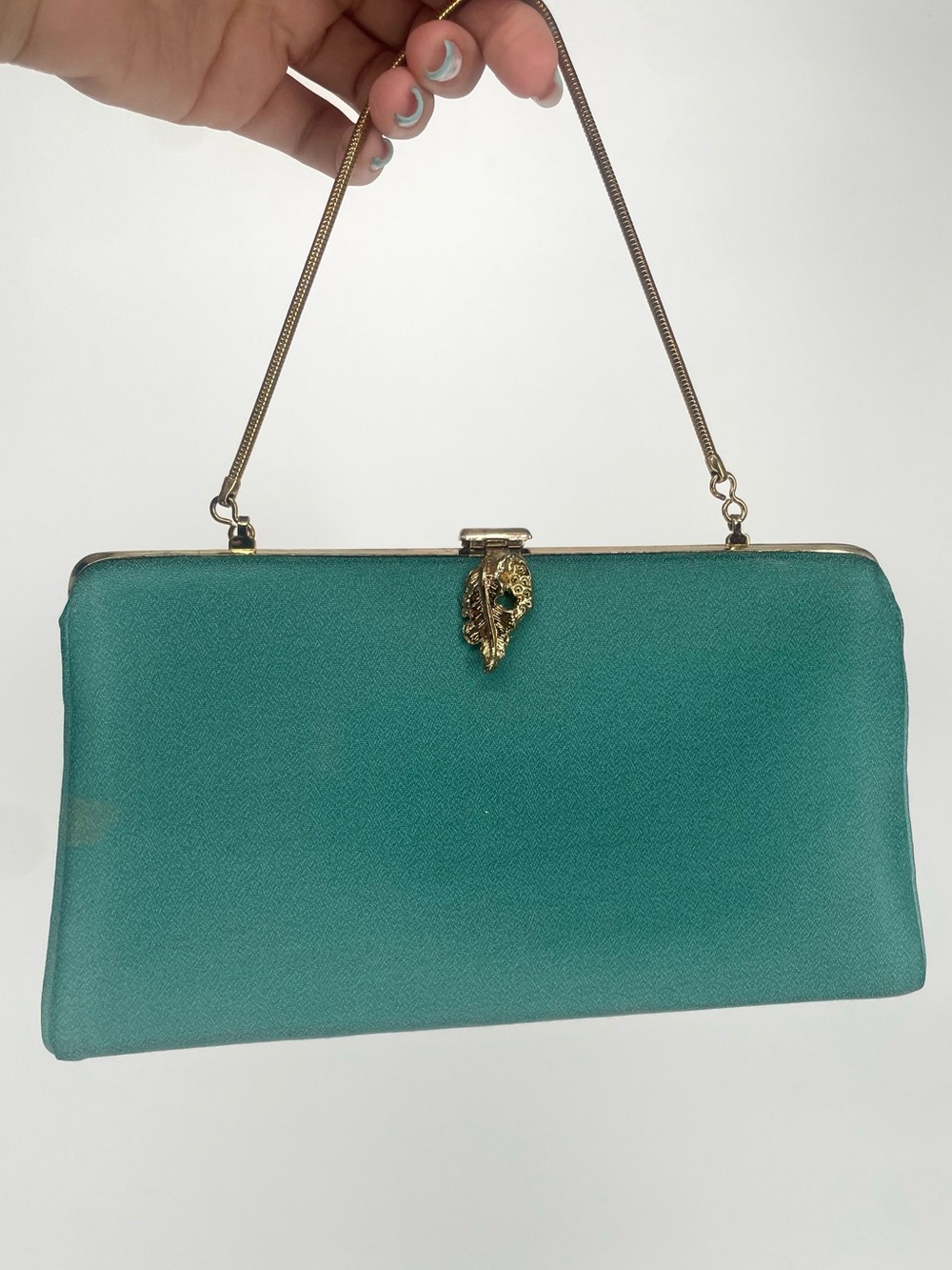 Vintage 50s 60s Turquoise Blue Formal Handbag Gold Leaf Clasp Detail Chain Strap